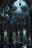 Placeholder: wizard workshop with a gothic/alien hybrid architecture, high vaulted ceilings, and a network of magically suspended tubes of water connected to larger floating globules of water, arranged in a spiderweb configuration, with more prominent tubes able to show creatures moving through them