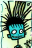 Placeholder: 2d drawing of a stickman, cool with punk hair, x eyes like hangman, close-up, side view bended looking into the camera, smiling,in colour