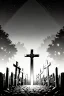 Placeholder: landscape, endless open cemetery with thousand crosses, grayscale