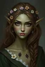 Placeholder: Generate a dungeons and dragons character of a female spring Eladrin elf. She is a bard. She is chaotic neutral, and come from far away, looks mysterious and smirk. She looks fascinating. She wears a dainty circlet made of silver coated branches and flower in her hair is brown and voluminous, her skin sun-kissed. Her eyes are hazel. Her skin is green. She look like she comes from the wood. realist digital paintng