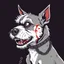 Placeholder: left facing head of angry Terrier dog with blood shot eyes and bloodied teeth, a ball chain collar around neck, a chain leash attached to collar, vector