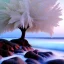 Placeholder: Crystal, white tree, sparkly atmosphere, fantasy, scenery, crashing waves, no leaves, rocky shoreline