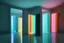 Placeholder: Doors are floating on the room, various color transparent tubes are floating on the room, There are darcolor monoliths in the room