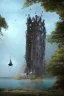 Placeholder: Fantasy Gothic Tower, With A Side Building, On An Island, In A Lake, In Woodland With A Flying Boat Overhead