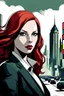 Placeholder: crime city background, young adult female portrait, mob boss, wavy red hair