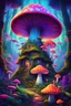 Placeholder: A stunningly vibrant psychedelic portrait in a whimsical fantasy forest, featuring a mesmerizing array of iridescent magic mushrooms. A mushroom house in the center, The image, rendered in a vector style, boasts a white background that enhances the vividness of the neons used. With an impressive 8k resolution, this artwork captures the essence of chaos and enchantment. The colorful mushrooms appear to glow, their intricate details meticulously depicted.--chaos99