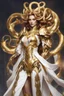 Placeholder: Halfbody Excited pose style Facing front Gorgeous Photography Beautiful Queen Medusa hair snake Cyborg dressing Luxury Gown Mecha Golden and jewelry