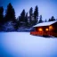 Placeholder: mystery cabin in the snow at night