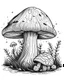 Placeholder: mushroom world with snail on 1 mushroom minimalistic landscape. line art, background, vector, svg, coloring book page style, black outline on white background