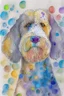 Placeholder: abstract watercolour of the head of bernadoodle dog in the style of paul klee with circles of colour and pencil outlines