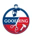 Placeholder: A round logo for a men's grooming salon with a groom vector at the top of the logo and a scissors vector, razor vector, and hair dryer vector at the bottom in a blue, red, white, and gold color theme.