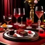 Placeholder: Crystal plates containing various types of chocolate and two glasses of bright red juice on a luxurious table