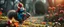 Placeholder: depth of field, halo, close up on blue and red clothed gnome riding squirrel with lance in garden of eden in the style of Escher and Giger