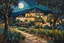 Placeholder: fine palette knife painting of a placid Spanish villa set amidst surrounding olive groves under the pale moonlight of midnight , in the Expressionist style of Egon Schiele, Oskar Kokoschka, and Franz Marc, highly detailed in muted natural colors with fine detail outlining and shading