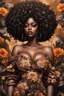 Placeholder: Create a urban art image of a curvy black female wearing a brown off the shoulder blouse, and she is looking down with Prominent makeup. Highly detailed tightly curly black afro. Background of large brown and black flowers surrounding her