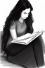 Placeholder: Pencil sketch of Young woman, Arab features,sad, long wavy hair, reading a book, full body، on lined paper