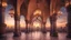 Placeholder: Hyper Realistic Photographic-View of Beautiful Moorish Architecture decorated with garland-lights-&-lamps at cloudy sunset showing dramatic & cinematic ambiance