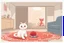 Placeholder: cute fluffy chibi beige cat playing with a giant plush red covid virus in a modern hall on a carpet in sunshine