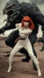 Placeholder: Full-body retro photo of a woman with straight red hair and a Fringe, in a fight with a monster, wrapped in tenacles, in an action pose, sci-fi Background