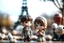 Placeholder: cute chibi mahogany haired girl with a short, silver haired boy, Eiffel tower, heart and love, flowers in Paris, ethereal, cinematic postprocessing, bokeh, dof