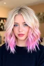 Placeholder: young woman with short wavy blonde hair with pink highlights