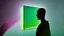 Placeholder: shadow made of different colors of a person looking for information on a large screen