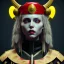 Placeholder: German woman, rounded face, blood, black, red, yellow, samurai helmet, decorative color feathers, retro, bamboo, leather, soft color, highly detailed, art stations, concept art, smooth, unreal engine 5, god rays, ray tracing, RTX, lumen lighting, ultra detail, volumetric lighting, 3d, finely drawn, high definition, high resolution.