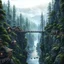 Placeholder: rany day, close ap a visible from the side one massive wooden bridge connects the over two gorge, between two tall rocky shores, sprawling, tall thick alien trees on both shores, log wooden houses in the distance in the background, rainy landscape, lush vegetation , massive trees,, high detailed, fantasy, high photorealistic, cinematic