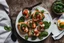 Placeholder: Bruschetta with chard, spinach, poached egg and dukkah plate, on table outside, using the Sony Alpha A7R IV, food photograpy style, macro lens, close up shot 50mm f/ 1.4