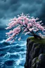 Placeholder: Estampe d'un cerisier du Japon au bord d'une falaise surplombant une mer déchaînée et dans une tempête sombre