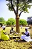 Placeholder: Sudan, destroyed city, women serving tea under tree