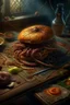 Placeholder: Bosch nightmares paint inf style Title: a hamburger sandwich on it a spiders , intricate insanely detailed octane render trending on artstation, 8k artistic photography, photorealistic concept art, soft natural volumetric cinematic perfect light, chiaroscuro, award-winning photograph, masterpiece, oil on canvas, Raphael, Caravaggio, Greg Rutkowski, people, beksinski, Giger