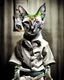 Placeholder: PROMPT: Surrealist portrait of a Oriental shorthair Siamese cat in a convicts outfit, layered multiple exposures of [POSE]. Each overlay is motion blurred and translucent. Monochrome palette, aged film grain and light scratches. A subtle glow softens the focus, evoking [MOOD]. Inspired by early analog photography experiments