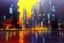 Placeholder: Night, cyberpunk buildings near the autumn trees zone, tendency to science fiction, realistic vision, impressionism painting