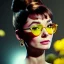 Placeholder: Audrey Hepburn has glow effect. She has beautiful eyes, Her hair flies in the air. with yellow flowers for hair, closed eyes, rtx, reflection, 8k, glow, winning photography, caustics