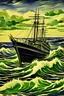 Placeholder: 1925 big boat on the sea with medium waves (dark colours)