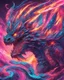 Placeholder: Close up shot, Dragon in a vibrant synthwave dreamscape, neon chaos swirling energetically around pixelated forms, a dynamic fusion of retro gaming nostalgia and futuristic abstraction