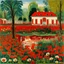 Placeholder: A red swamp with fiery lilies designed in Matryoshka dolls painted by Maurice Utrillo