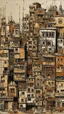 Placeholder: A brown city with blocky buildings painted by Jackson Pollock