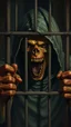 Placeholder: Bosch painting style nightmares, a scary creature with hood screaming and locked in behind bars , in dark prison environment with dim lights like 1800 prisons .