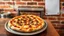 Placeholder: A cheesy, overloaded meat lover's pizza on a baking tray, placed in a vibrant Italian pizzeria setting. Classic brick wall background, copy space on the right side, top view