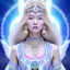 Placeholder: portrait of a beautiful mongolian woman with an angel face smiling,long blond hair, blue eyes, pink and blue dress, jewels, soft light aura