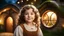 Placeholder: little young hobbit girl toddler, beautiful, confident, calm, wise, happy, innocent, facing camera, head and shoulders, curly hair, hobbit clothing, perfect eyes, LOTR village, hobbit homes with circular windows and circular doors, night scene, stars, fireflies, 16k artistic photography, exquisite composition, photorealistic concept art, soft natural volumetric light, chiaroscuro, award-winning photograph, masterpiece, style William-Adolphe Bouguereau