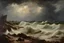 Placeholder: Andreas Achenbach oil impasto painting tufting tapestry stormy sea shores, in portrait studio