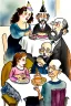 Placeholder: Jewish family is sitting at a table with a birthday cake. Watercolour