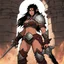 Placeholder: [high res photo by wii No More Heroes style with thick lines] the back of the Barbarian female warrior who is ready to fight: In the center of the chamber, looming over everything, is a creature that defies description. Its body is a grotesque amalgamation of flesh and bone, twisted and deformed by some unspeakable evil. Its eyes are burning coals, filled with an insatiable hunger that threatens to consume everything in its path. The beast lets out a bone-chilling roar that echoes