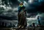 Placeholder: the statue of liberty, dress dirty and torn, her face solemn and terse, trash littered at her feet, she holds a crumpled american flag, she walks away with back turned under a dark and dreary sky, wide angle