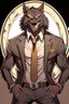 Placeholder: Buff, anthro, wolf, himbo, black fur, gold eyes, wearing a suit, full-body, muscles, strong, muscular, man boobs, bulky, tail, dark fur, smug grin, hands on hips, furry-himbo, broad shoulders, wide hips,