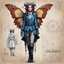 Placeholder: Jean-Baptiste Monge style hand drawn technical,full body portrait illustration , with detailed blueprints and engineering schematics of a walking hybrid Atlas moth insect girl, with highly detailed facial features, drawings, and technical notation, 8k, vibrant natural colors