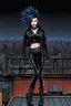 Placeholder: Goth_punk style,dynamic pose, full body ,((on top of a rooftop at night)), blue and black hair mix, shiny eyes, dark lipstick, goth black leather jacket with spiky decorations, blue shirt, black leather tight pants, combat boots with spiky decorations, goth black belt with spiky decorations, sharp focus, detailed, intricate detail, splash screen